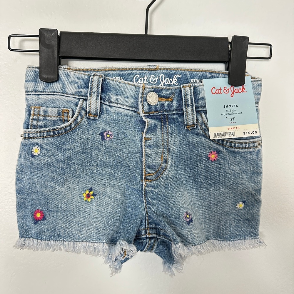 Girls Denim Shorts 2T Embroidered Flowers Frayed Hem Stretch Adjustable NWT